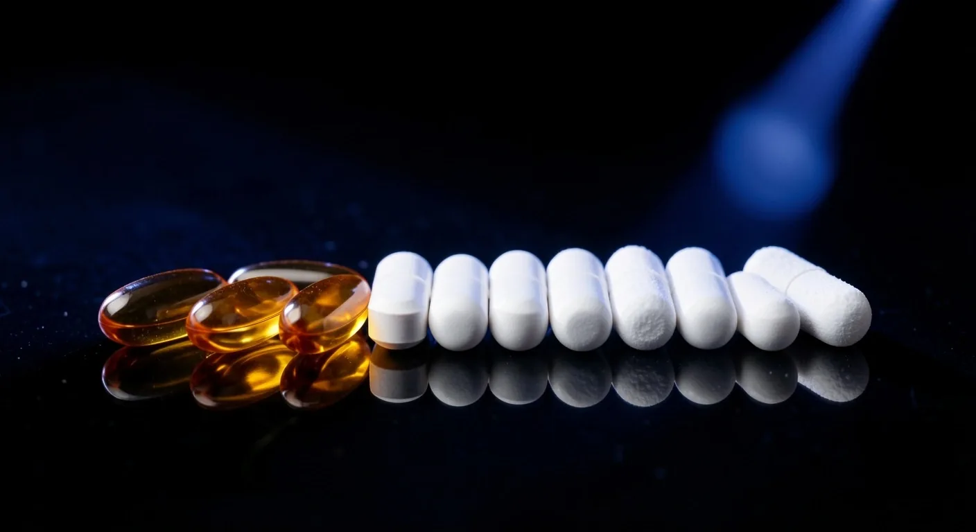 Macro view of supplement capsules on a dark surface under clinical lighting